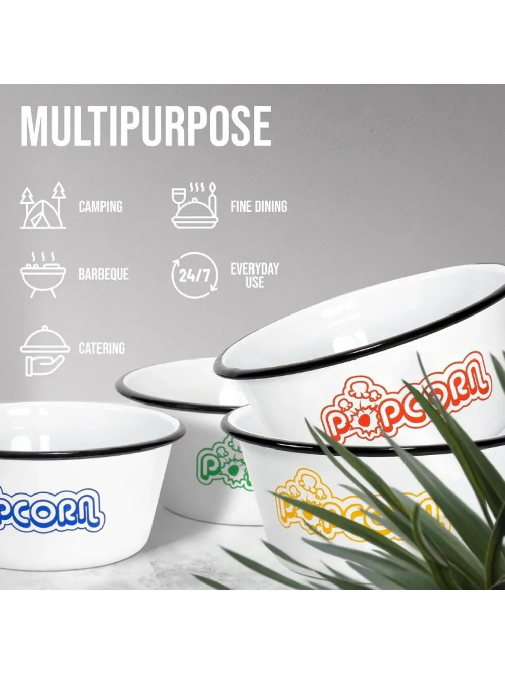 Set of 5 White Enamel Popcorn Bowls - Classic 4 Quart & 1.2 Quart, Assorted